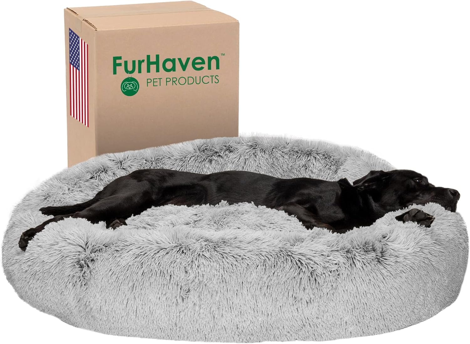 Furhaven 45 Round Calming Donut Dog Bed for Large Dogs, Refillable w/ Removable Washable Cover, For Dogs Up to 90 lbs - Shaggy Plush Long Faux Fur Donut Bed - Mist Gray, Jumbo/XL, 45.0x45.0x9.0