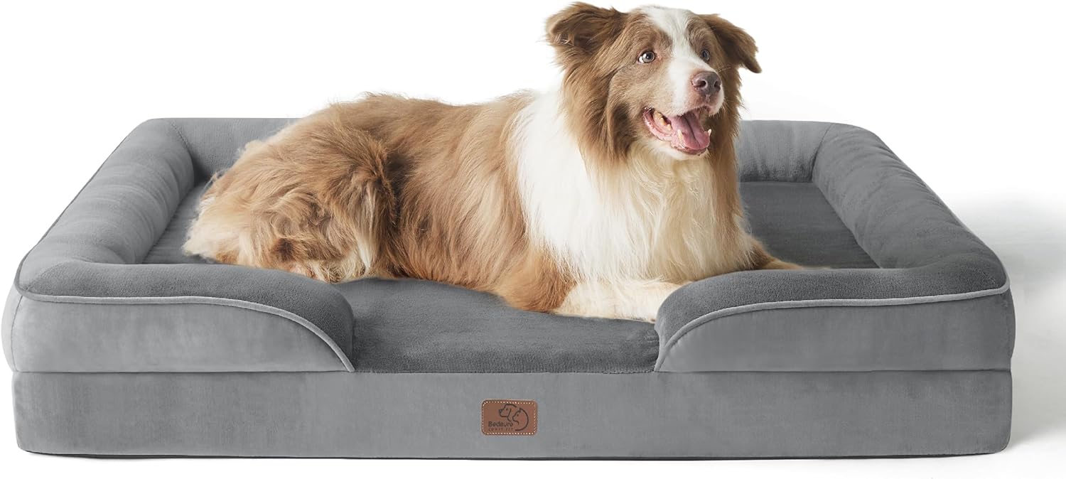 Bedsure Orthopedic Dog Bed for Large Dogs - Big Washable Dog Sofa Bed Large, Supportive Foam Pet Couch Bed with Removable Washable Cover, Waterproof Lining and Nonskid Bottom, Grey