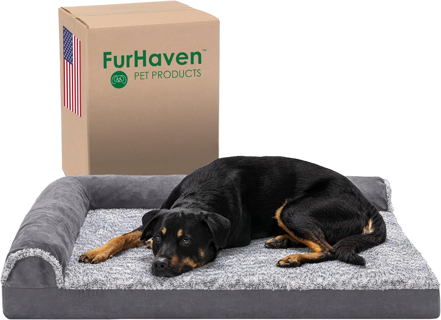 Furhaven Orthopedic Dog Bed for Large Dogs w/ Removable Bolsters & Washable Cover, For Dogs Up to 95 lbs - Two-Tone Plush Faux Fur & Suede L Shaped Chaise - Stone Gray, Jumbo/XL