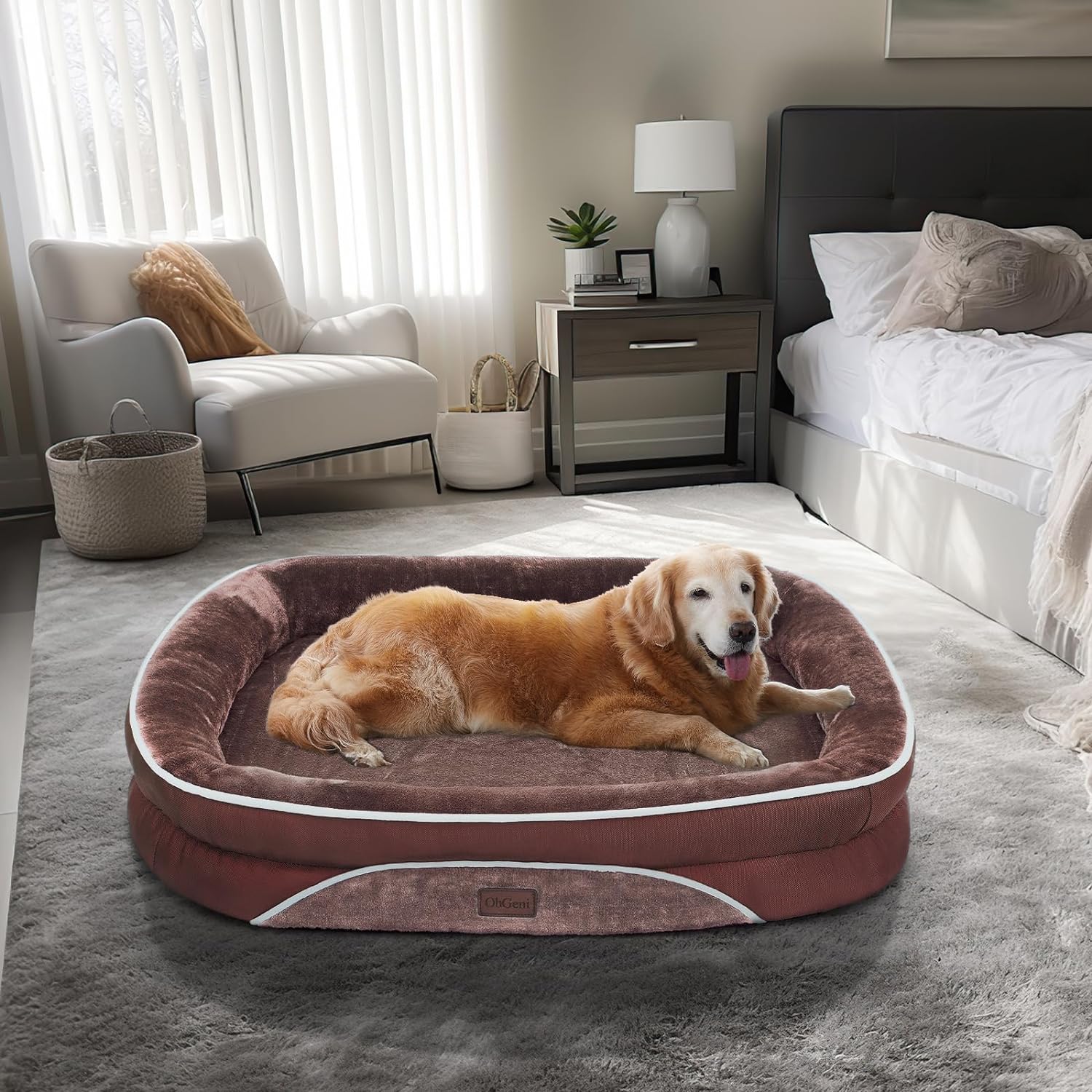 OhGeni Orthopedic Dog Bed for Large Dogs, Oversized Couch Design with Egg Foam Support, Removable, Machine Washable Plush Cover and Non-Slip Bottom with Four Sided Bolster Cushion (Brown)