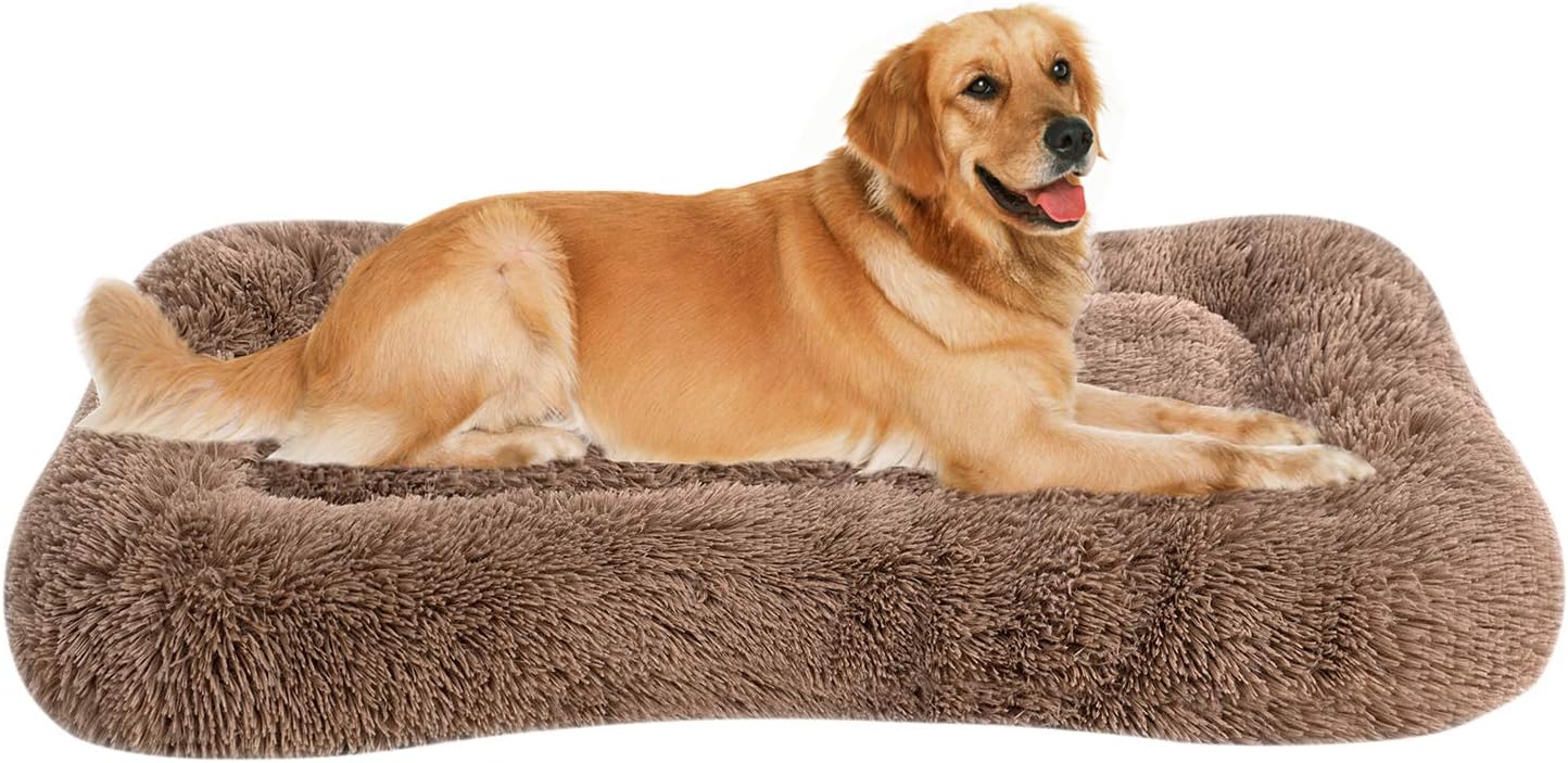 Coohom Deluxe Plush Bed Pet Cushion Crate Mat,Fulffy Comfy Kennel Anti-Slip Washable Pad for Medium Large X-Large Dogs(X-Large, Khaki)