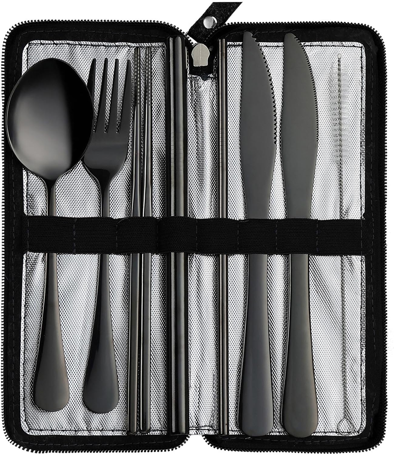 VANDBAO Camping Utensils Set, Portable Travel Utensils with Case for Fixing Tableware, Reusable Stainless Steel Cutlery Set, Includes Extra Steak Knife and Boba Straw, Lunch Flatware Silverware