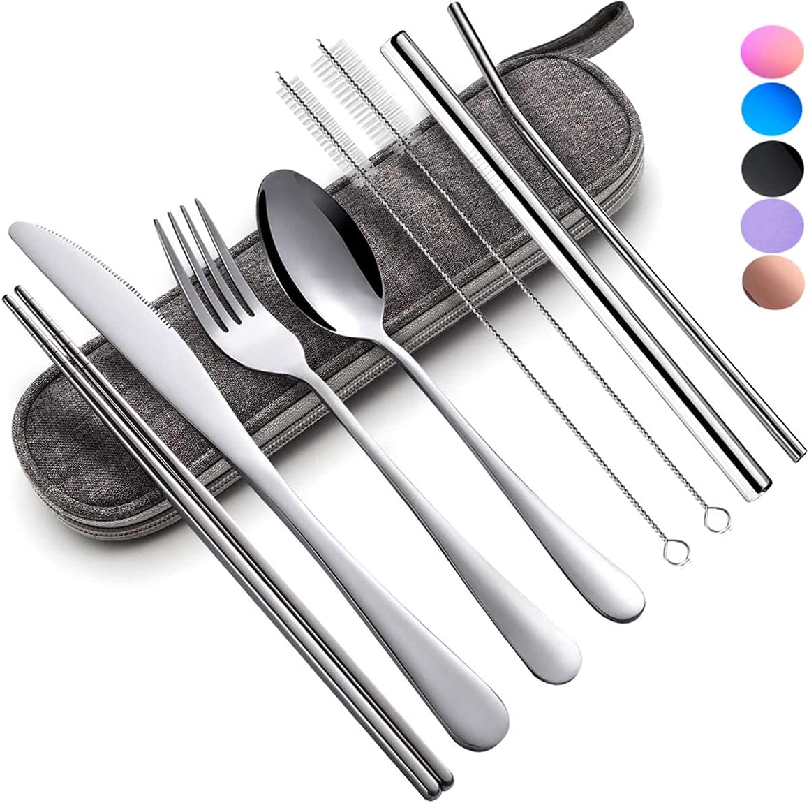 Travel Utensils with Case, Portable Travel Utensils Cutlery Set Stainless Steel Flatware Set for Camping 8pcs Including Dinner Knife Fork Spoon Chopsticks Boba Straw (Silver)