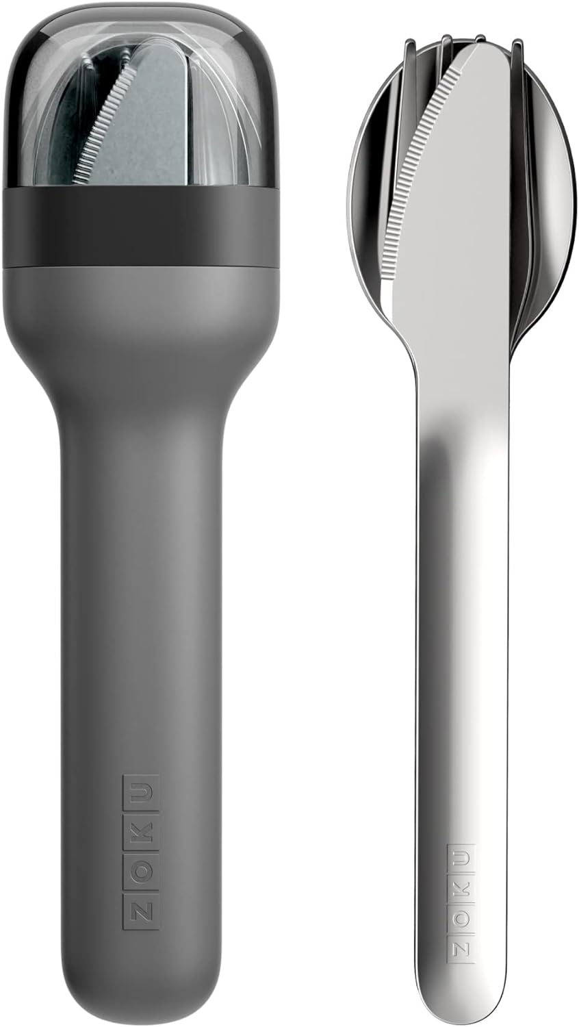 ZOKU Pocket Utensil Set, Charcoal - Stainless Steel Fork, Knife, and Spoon Nest in Hygienic Case - Portable Design for Travel, School, Work, Picnics, Camping and Outdoor Home Use