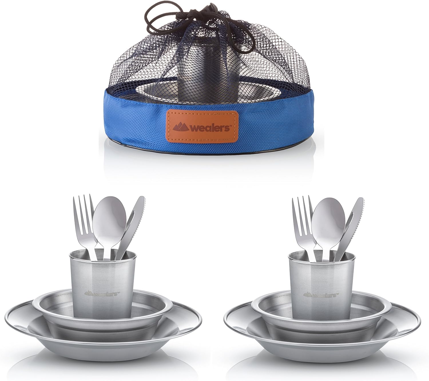 Unique Complete Messware Kit Polished Stainless Steel Dishes Set| Tableware| Dinnerware| Camping| Includes - Cups | Plates| Bowls| Cutlery| Comes in Mesh Bags