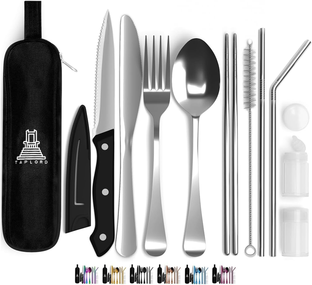 Taplord Portable Travel Silverware Set With Case, Includes 10 Pcs of Travel Utensils With Case, Stainless Steel Flatware Set For Camping, Easy to Travel, Lightweight (Silver)