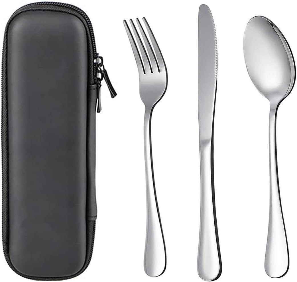 Premium Quality 18/8 Stainless Steel Fork,Knife,and Spoon in Case,Travel Utensils with Case,Reusable Camping Silverware Set,Portable Design for Travel,Lunch Box,Dorm,Work,Picnic