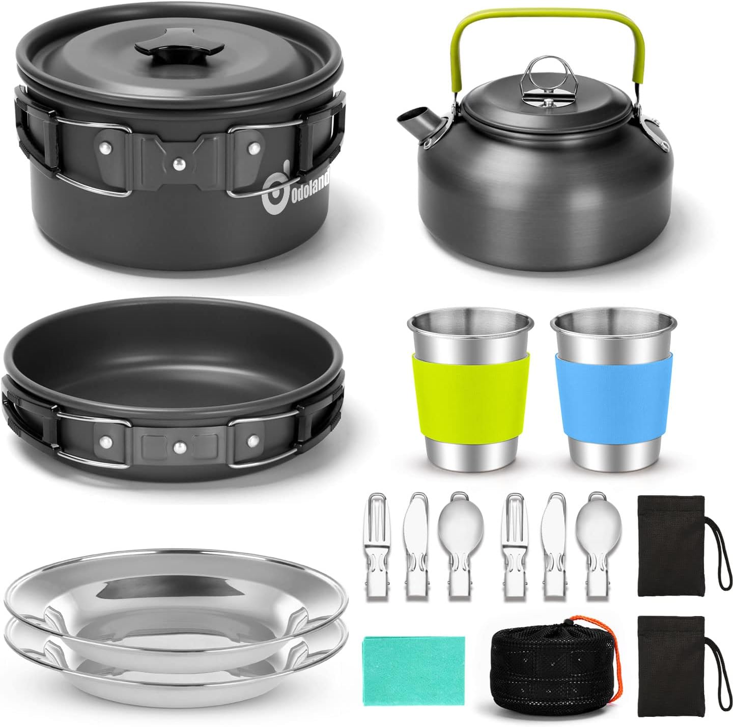 Odoland 15pcs Camping Cookware Mess Kit, Non-Stick Lightweight Pot Pan Kettle Set with Stainless Steel Cups Plates Forks Knives Spoons for Camping, Backpacking, Outdoor Cooking and Picnic