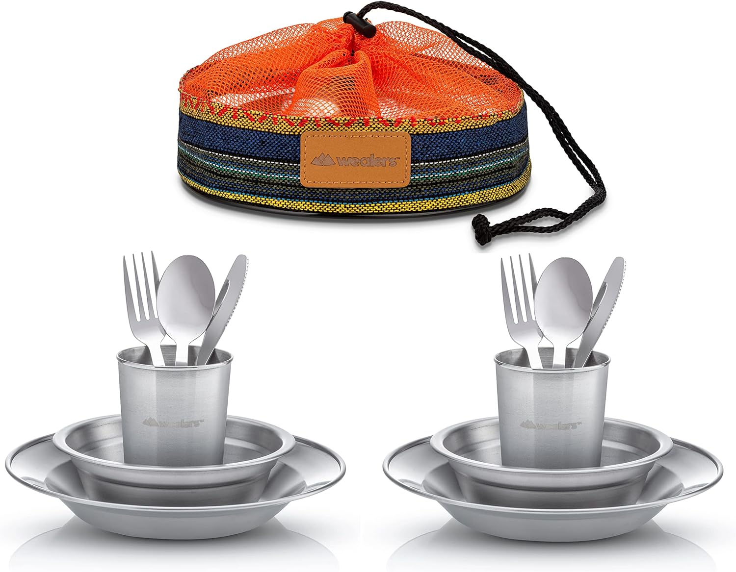 Unique Complete Messware Kit Polished Stainless Steel Dishes Set| Tableware| Dinnerware| Camping| Includes - Cups | Plates| Bowls| Cutlery| Comes in Mesh Bags