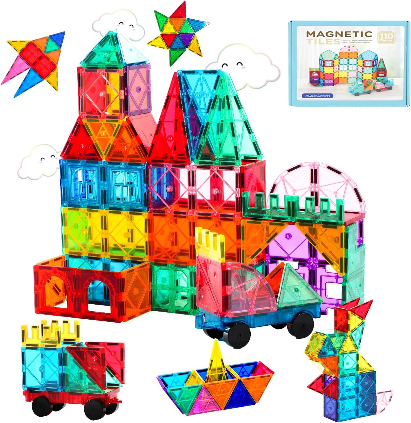 Aquadawn 110 Pieces Magnetic Building Tiles Set with 2 Cars, Magnetic Building Blocks for Toddlers 1-3, Educational Toys Tiles for Kids Ages 4-8, 3D Toys Gifts for Girls Boys