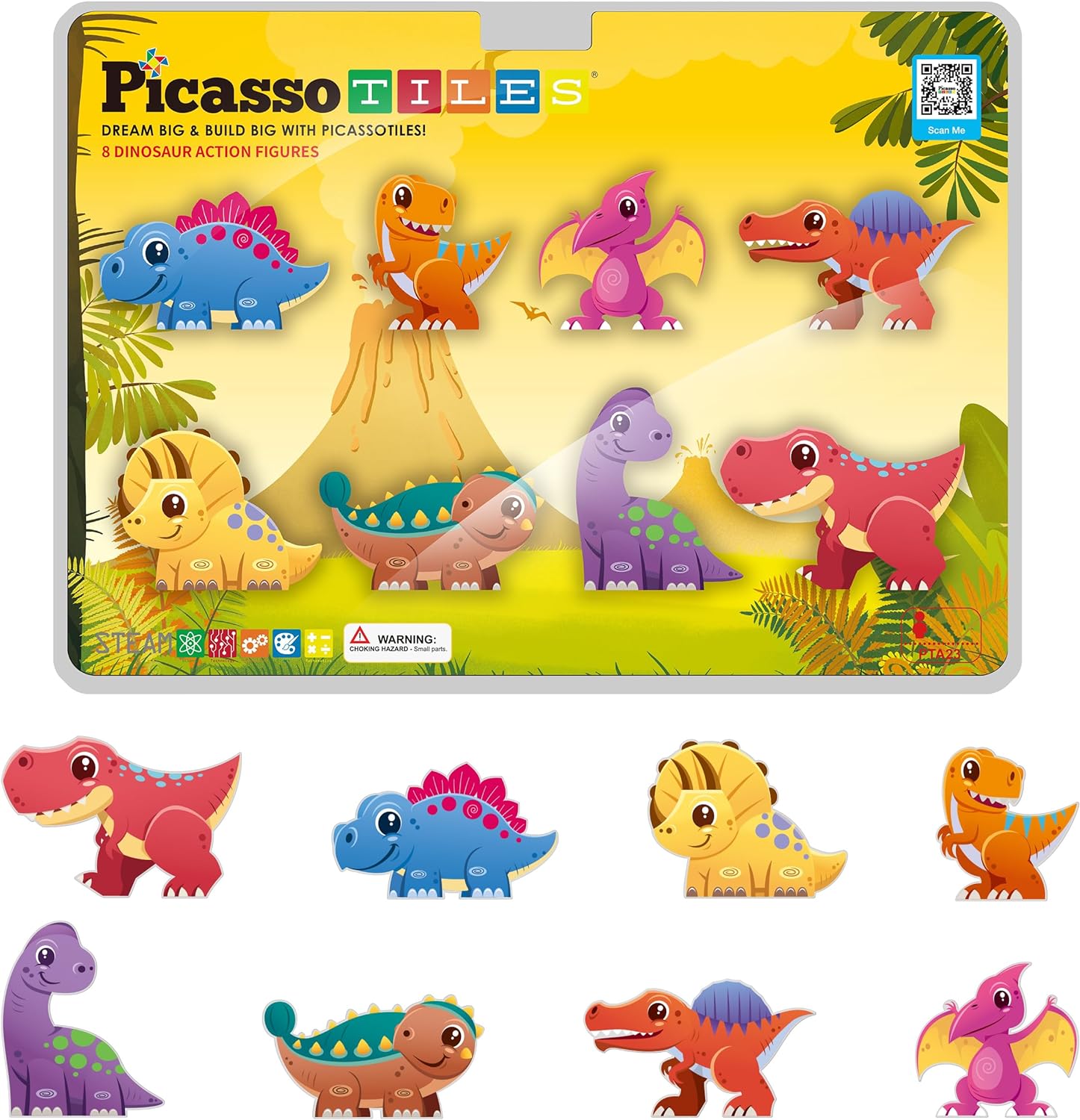 PicassoTiles 8pc Magnet Tiles Building Blocks 8 Dinosaur Magnetized Action Figures Compatible Magnetic Construction Build and Play Tile Accessory Toy STEAM Educational Learning Toys Kids Ages 3  PTA23