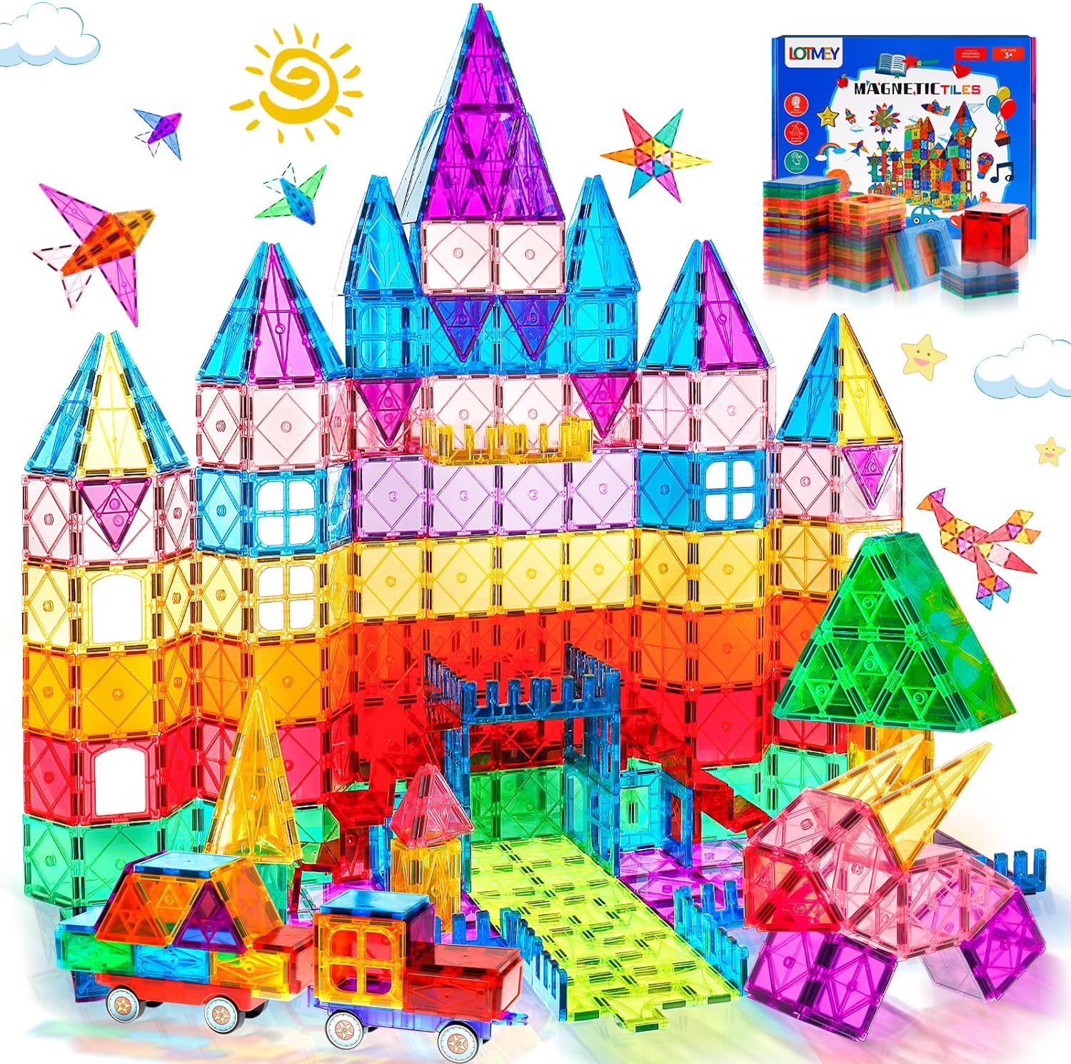 Lotmey 108-Piece Magnetic Building Blocks Set With 2 Cars - STEM Educational Toys for Kids Ages 3-8