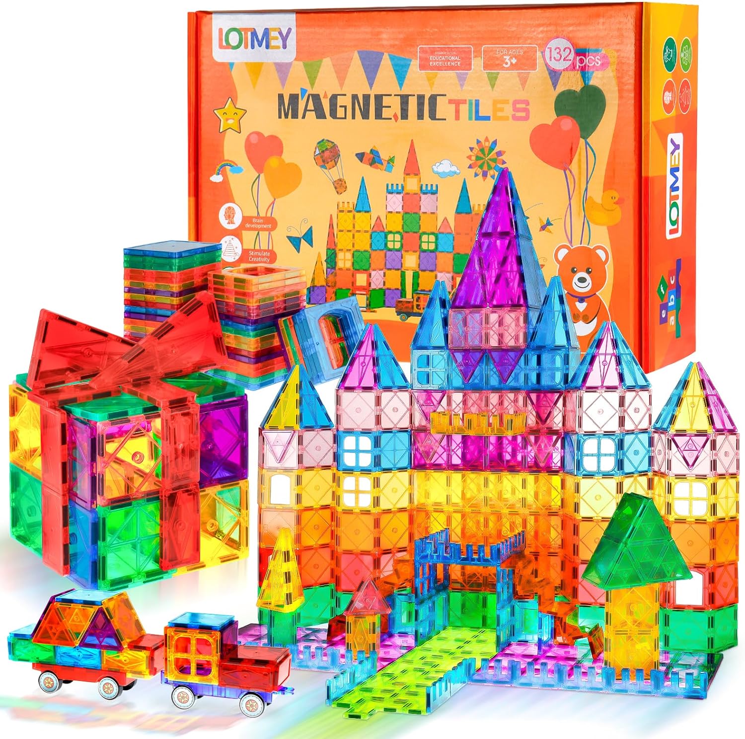 Lotmey 132PCS Magnetic Tiles with 2 Cars Deluxe Set, 3D Magnetic Building Blocks, Preschool Magnetic STEM Toys Sensory Educational Toys for Toddlers Kids 3 4 5 6 7 8-12, Gift for Boys Girls