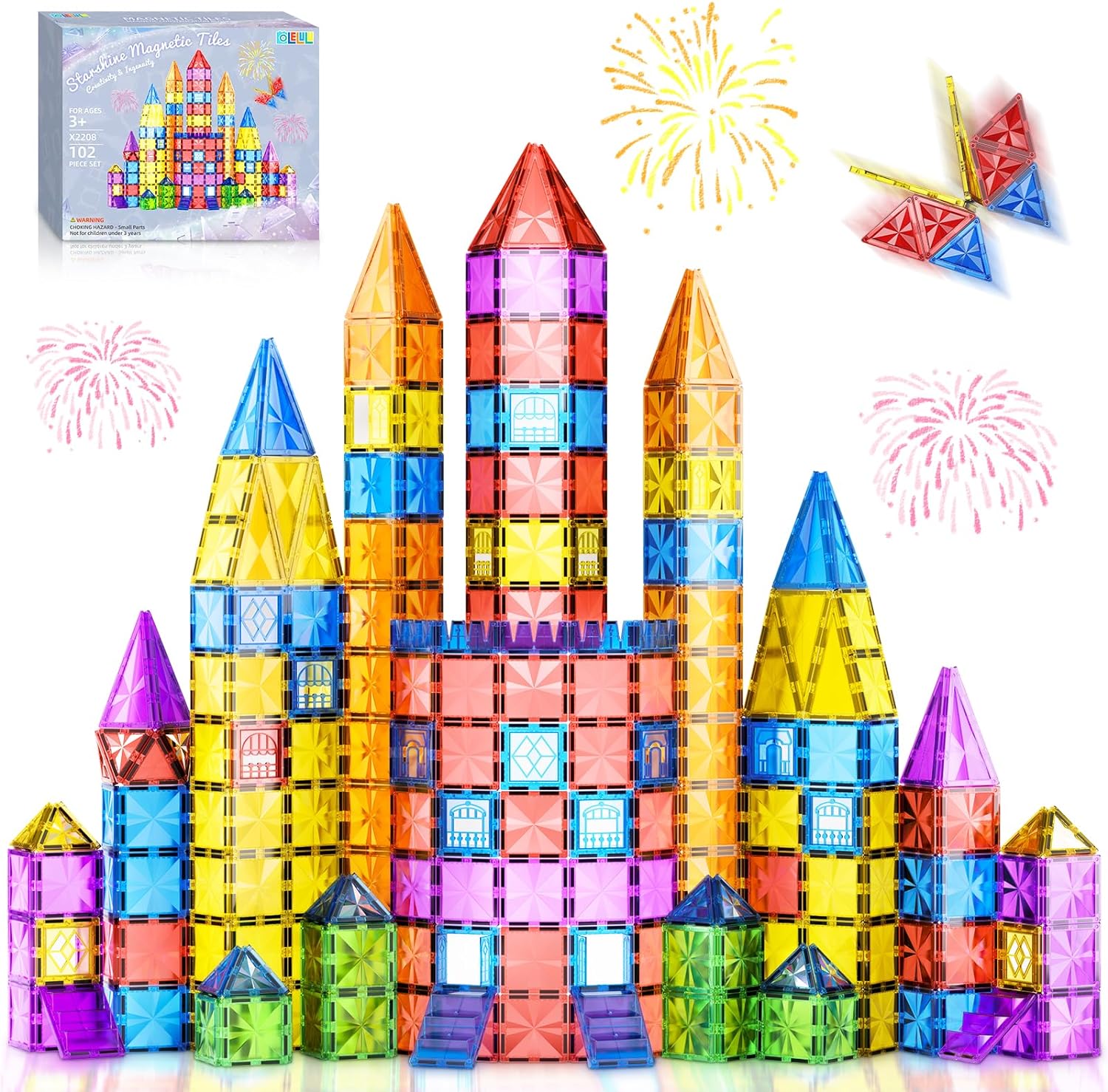 102PCS Diamond Magnetic Tiles Kids Games Toys, STEM Magnet Toys for Toddlers, Magnetic Building Blocks for Kids Age 3-5 4-8 8-12, Preschool Learning Montessori Sensory Toys for 3+ Year Old Boys Girls