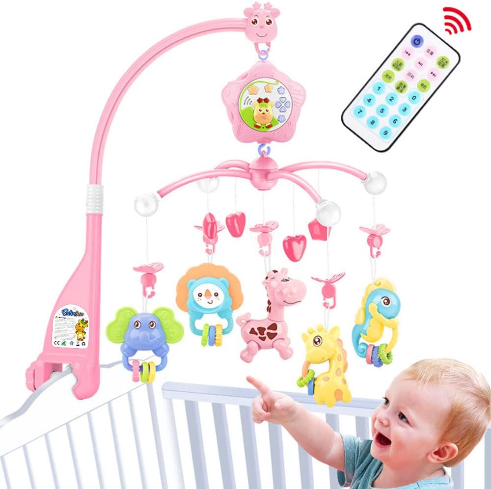 caterbee Baby Crib Mobile for Pack and Play, Crib Toys with Light and Music, Remote,Projector for Ages 0+ Months (Pink-Forest)