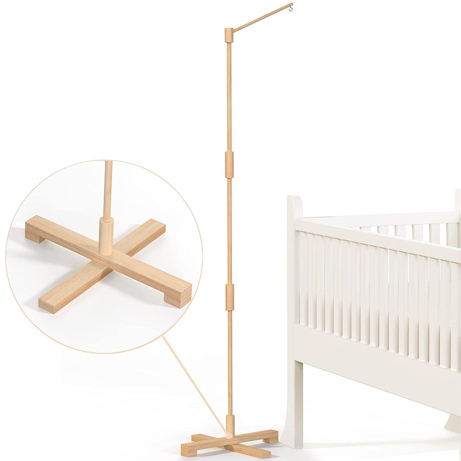 FEISIKE Baby Crib Mobile Arm, 57.4 Inch Mobile Arm for Crib Wooden Nursery Decor Hanger,Holder for DIY Mobile Baby Girl Boy,Hanging Attachment Set Upgrade Floor Stand