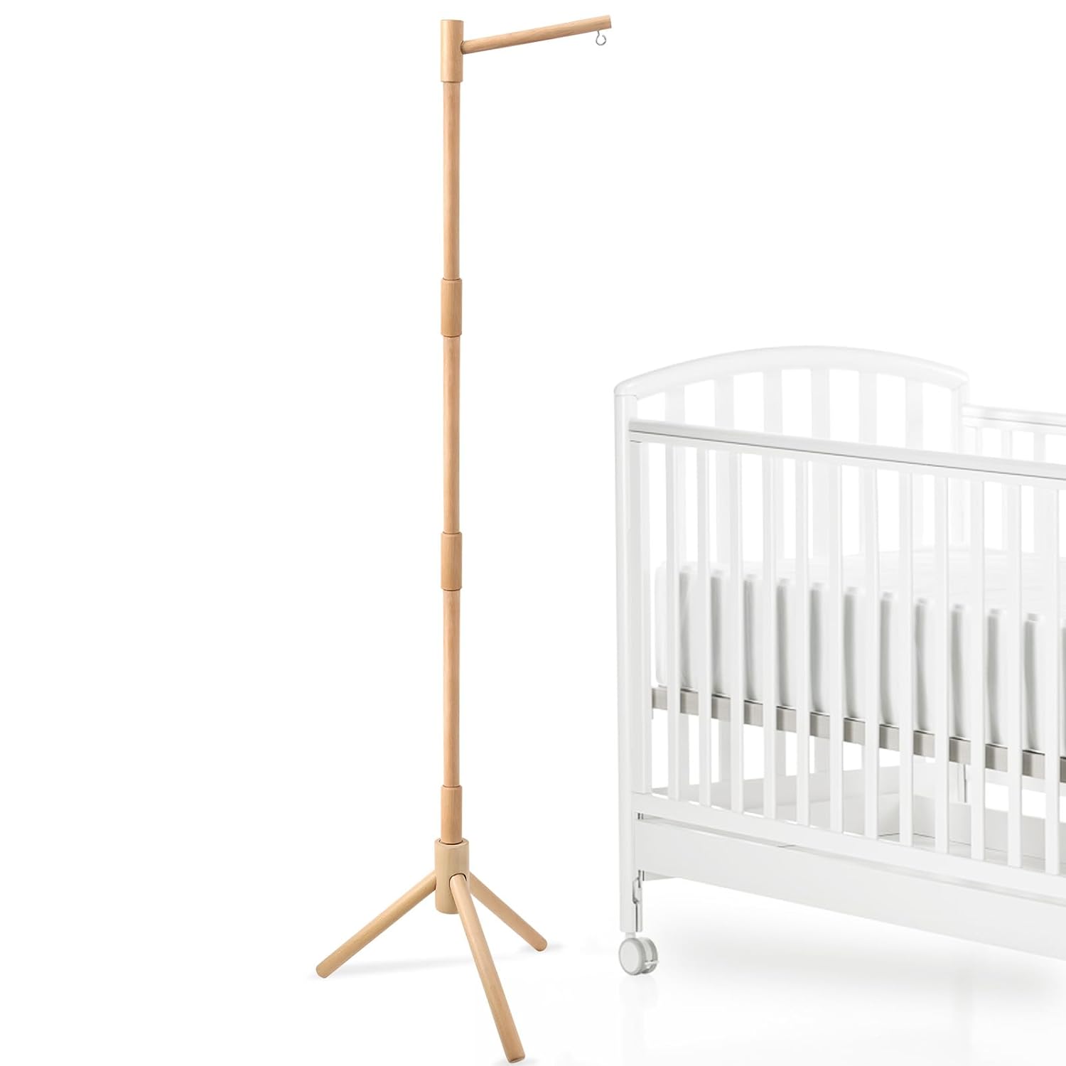 Floor-Standing Crib Mobile Arm - 57.8 Inch Wooden Mobile Arm for Crib - Movable Baby Mobile Hanger with Strong Anti-Dumping Attachment - 100% Beech Wood - Easy Assembly - Nursery Decor