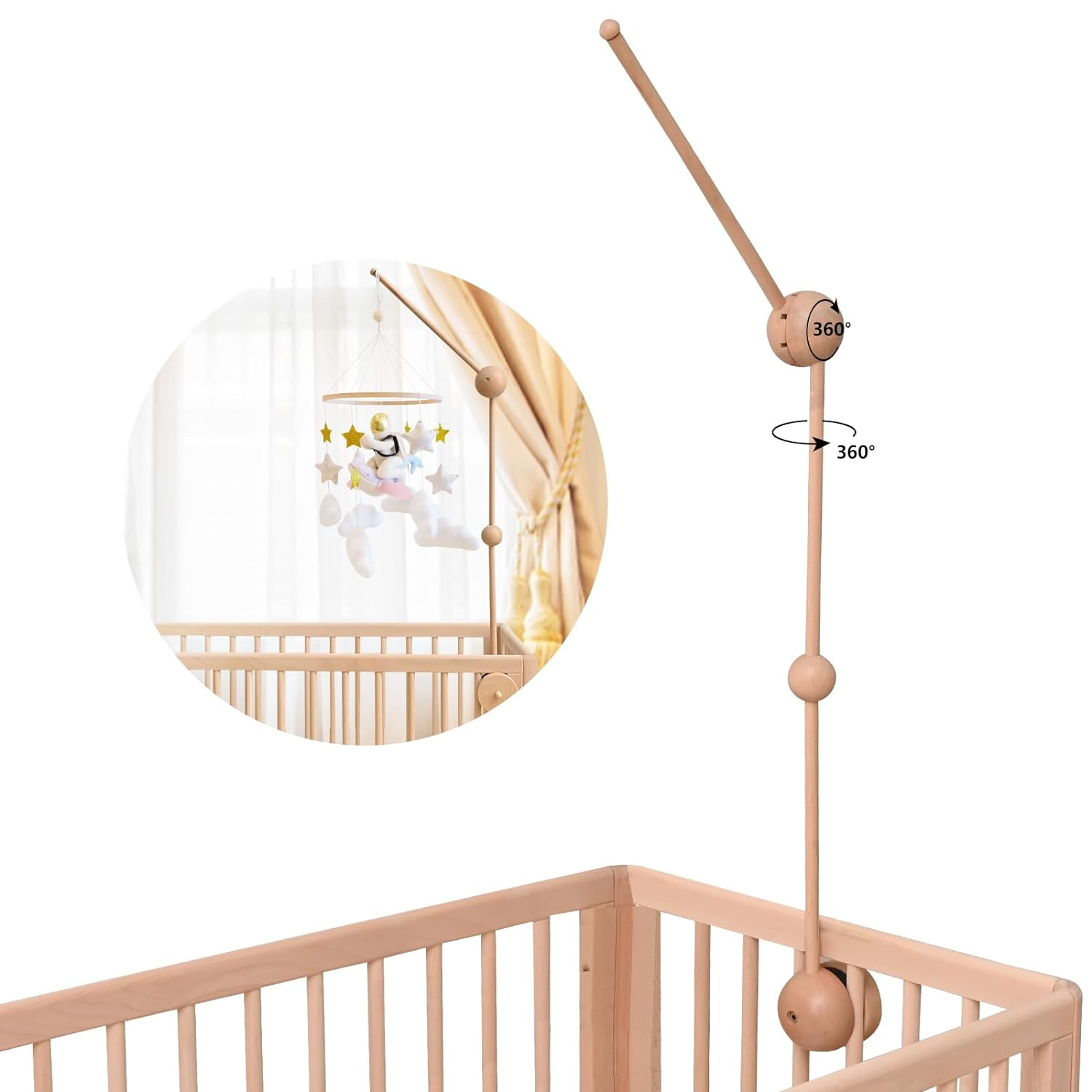 Baby Mobile Arm for Crib, Rotating Mobile Hanger, 30inch Adjustable Wooden Crib Mobile Arm, Nursery Decor(100% Natural Beech Wood)