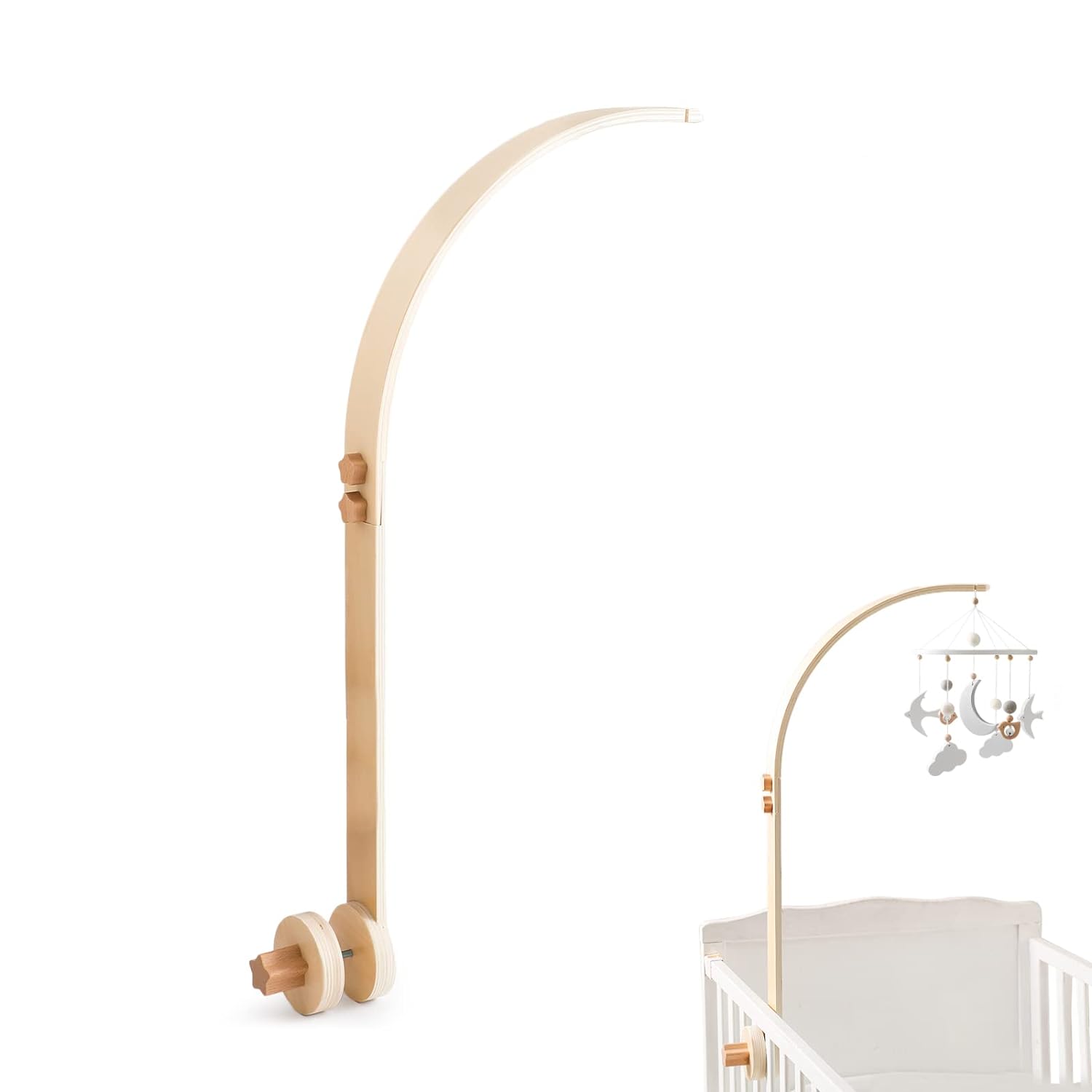 Wooden Crib Mobile Arm | Baby Crib Mobile Arm Wooden Holder | Rotatable Adjustable Anti Slip Attachment Clamp for Sturdy Mobile Hanger (Curved Arm)