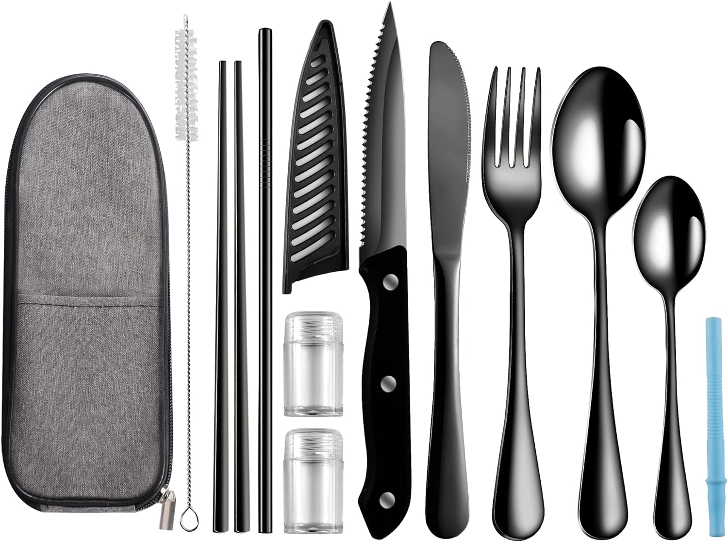 Logcow Portable Travel Utensils Set,Reusable Camping Cutlery Set,Stainless Steel Flatware Set with Case,Lunch Boxes Workplace Camping School Picnic (Black)