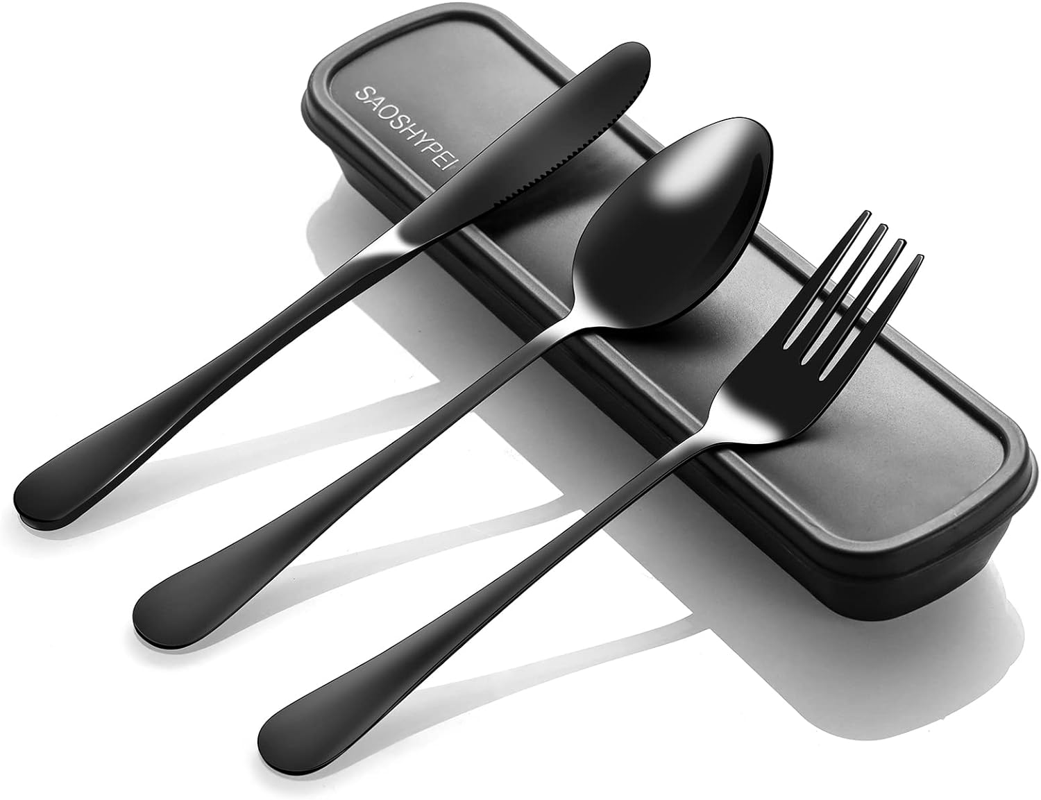 Portable Utensils Set with Case, 4pcs Stainless Steel Reusable Silverware for Lunch Camping School Picnic Workplace Travel, Lunch Box Includ Fork Spoon Knife,Easy to clean,Dishwasher Safe(Black)