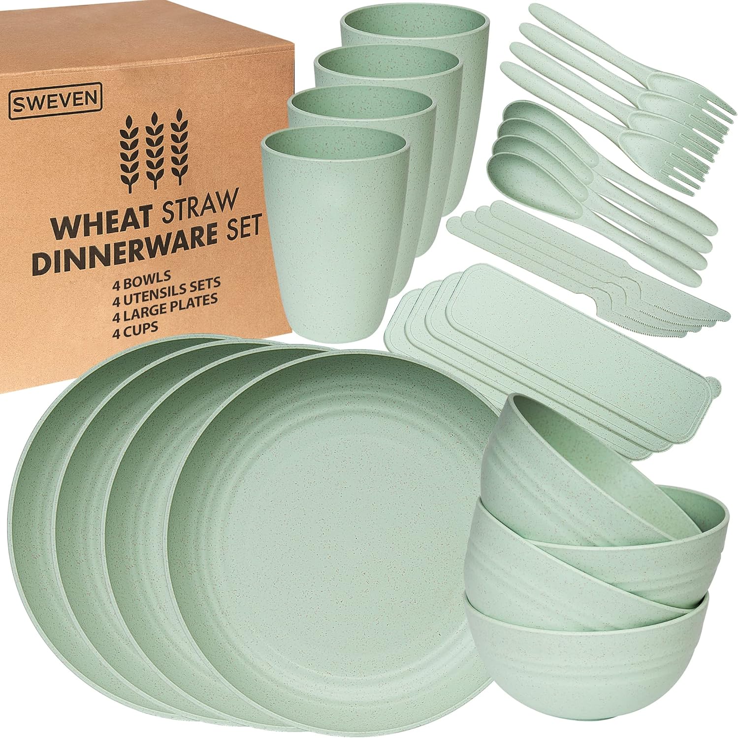 Wheat Straw Dinnerware Sets | Unbreakable Dinnerware Sets | Dishwasher Microwave Safe Dinnerware | Eco Friendly Non Breakable Dinnerware Sets | RV Outdoor Camping (Green, Service for 4 (28 pcs))