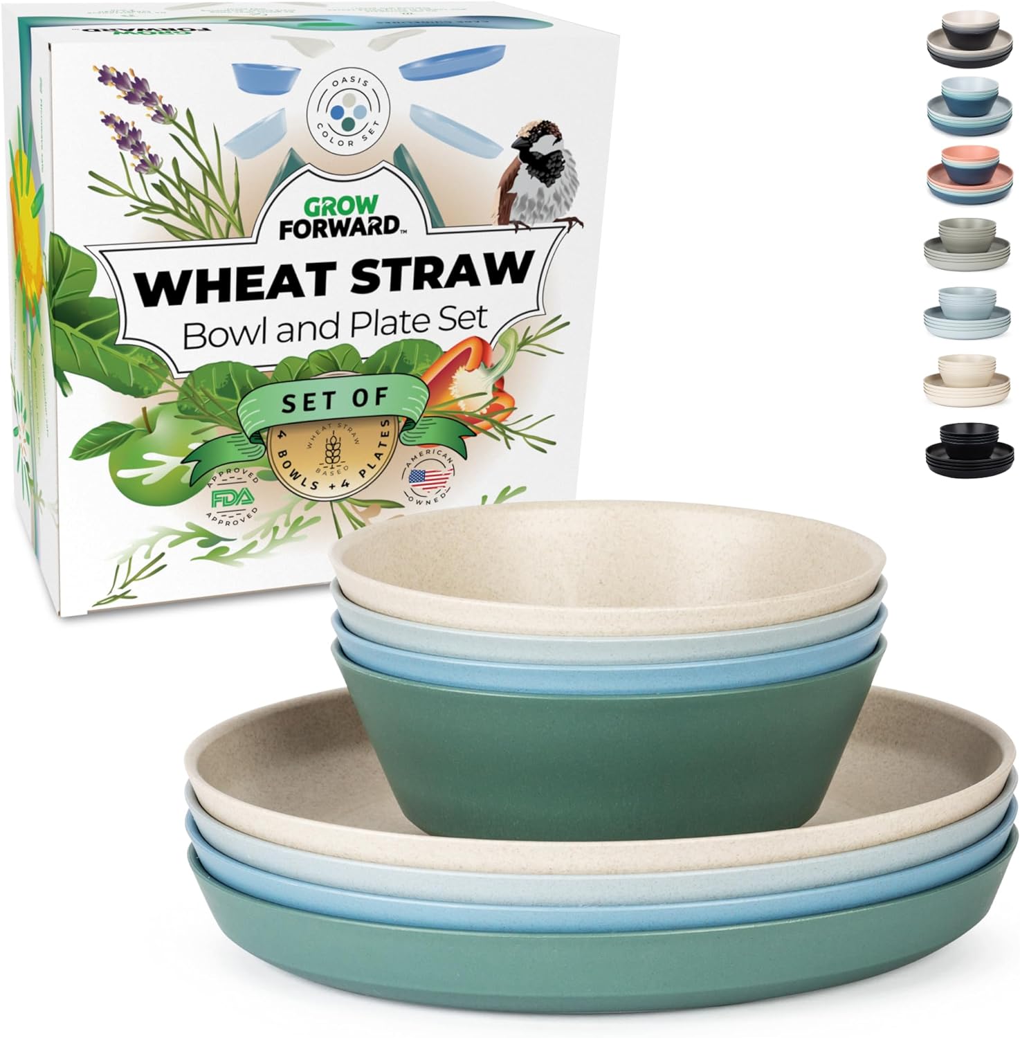 Grow Forward Premium Wheat Straw Plates and Bowls Sets - 8 Unbreakable Microwave Safe Dishes - Reusable Wheat Straw Dinnerware Sets - Plastic Plates and Bowls Alternative for Camping, RV - Oasis