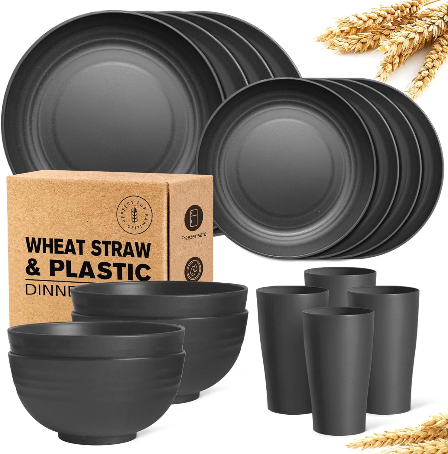 Teivio 16-Piece Kitchen Plastic Wheat Straw Dinnerware Set, Service for 4, Dinner Plates, Dessert Plate, Cereal Bowls, Cups, Unbreakable Plastic Outdoor Camping Dishes, Black