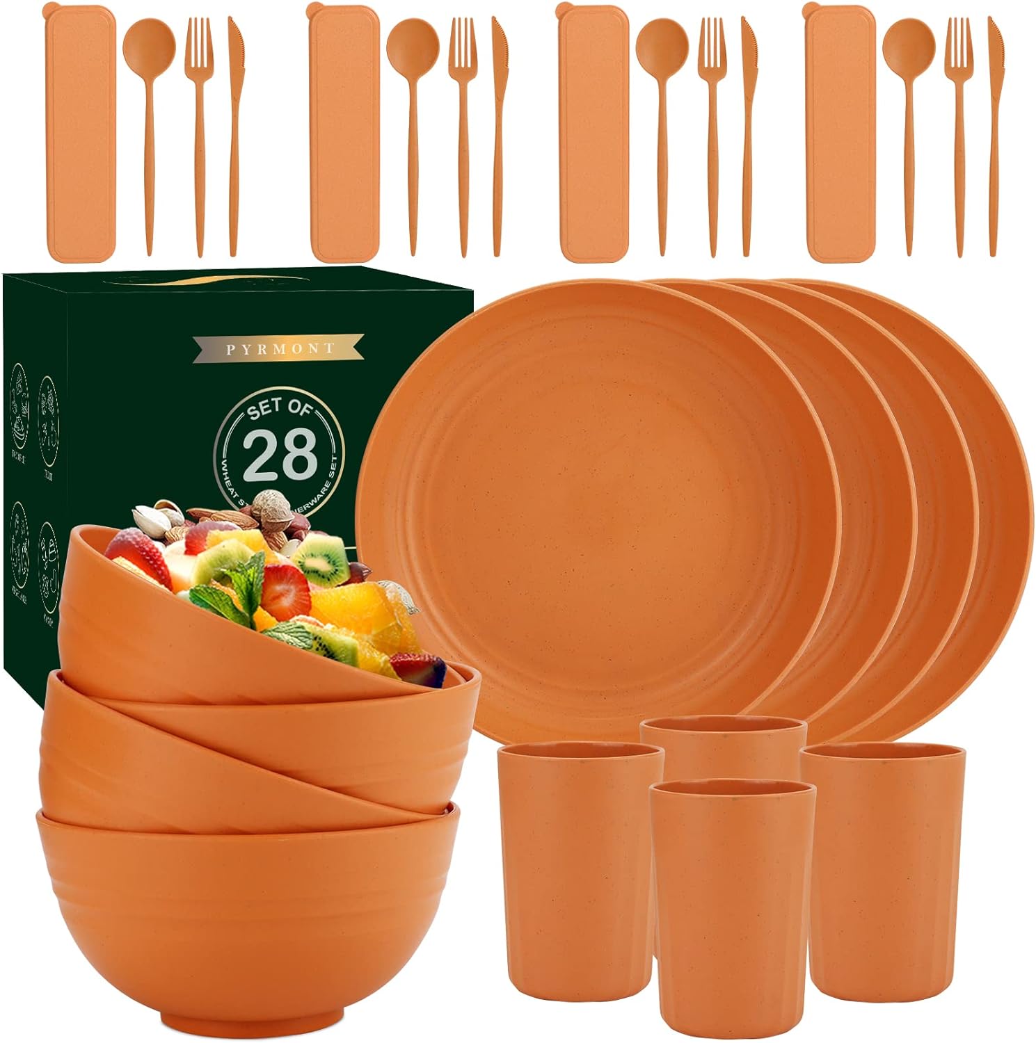 28-Piece Wheat Straw Dinnerware Sets, Microwave & Dishwasher Safe Unbreakable Dinnerware Set, Reusable Dishware Sets, Lightweight Camping Dishes, Plates, Cups, Cereal Bowls for 4(Orange)