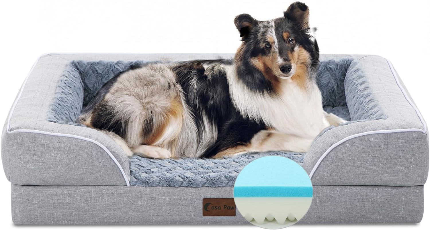 Casa Paw Memory Foam Large Dog Bed with Bolsters, Cooling Dog Beds for Large Dogs, Waterproof Orthopedic Dog Couch Bed with Removable Washable Cover, Nonskid Bottom