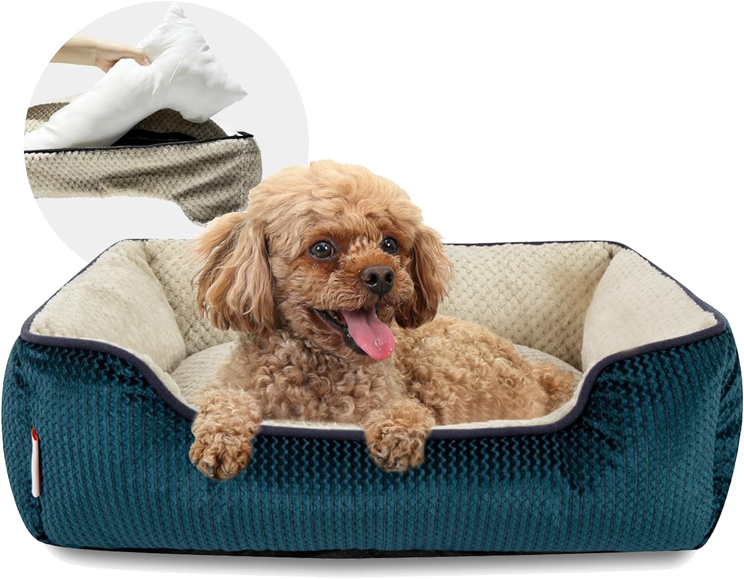 Miguel Medium Small Dog Bed with Washable Removable Cover - Rectangle Pet Bed for Indoor Cats with Bolster Soft Cuddle Bed for Puppies with Supportive Side Wall Slip-Resistant Bottom, Blue 25 Inches