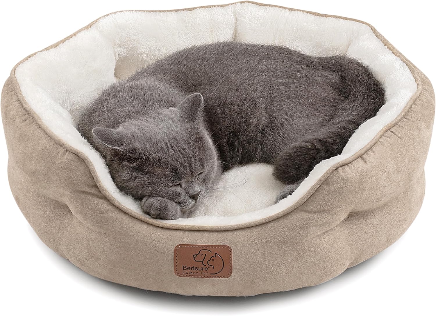 Bedsure Dog Beds for Small Dogs - Round Cat Beds for Indoor Cats, Washable Pet Bed for Puppy and Kitten with Slip-Resistant Bottom, 20 Inches, Taupe