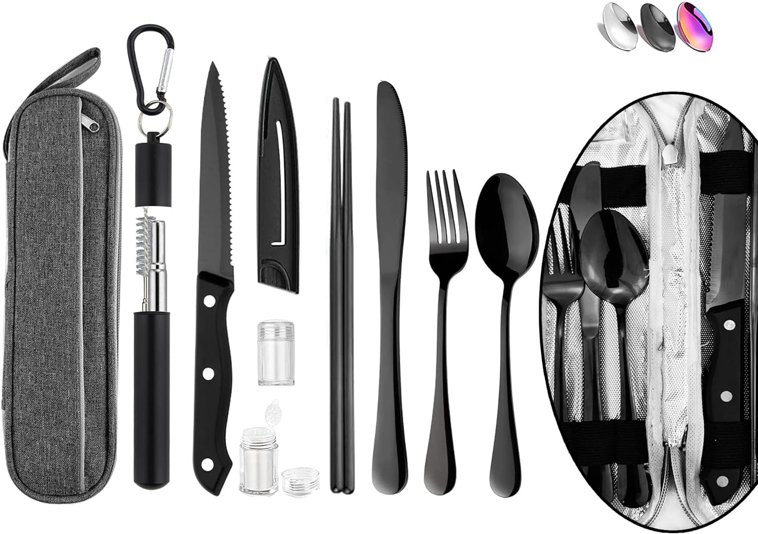 Hommaly Portable Travel Reusable Utensils Silverware with Case,Travel Camping Cutlery set,Chopsticks and Straw Flatware, Stainless steel Utensil set (Black) U