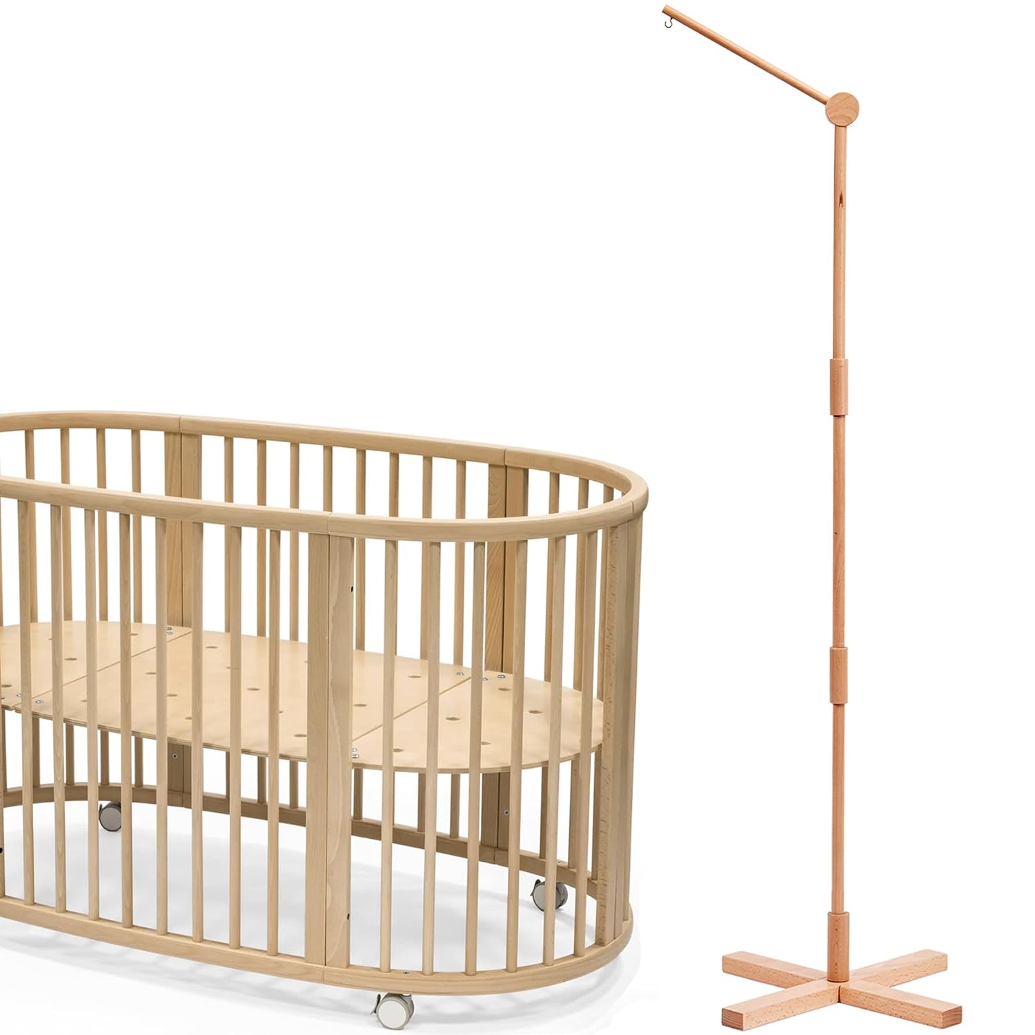 Lanttoe Wooden Floor-Standing Crib Mobile Arm 61 Inches for Baby Nursery-Movable Baby Mobile Hanger with Strong Anti-Dumping Attachment-100% Natural Beech Wood-Thicker Wooden Pole-Nursery Decor