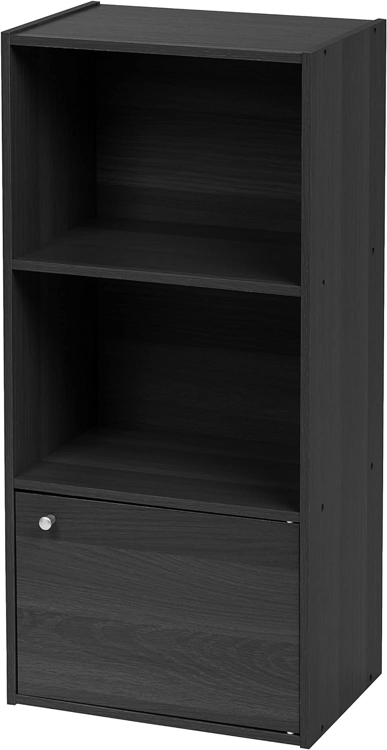 IRIS OHYAMA USA 3-Tier Cubby Storage Shelf with 1 Door, Small Storage Bookshelf Cabinet with Open Top Middle Shelves and Privacy Door with Magnetic Closure on Bottom Shelf, Black