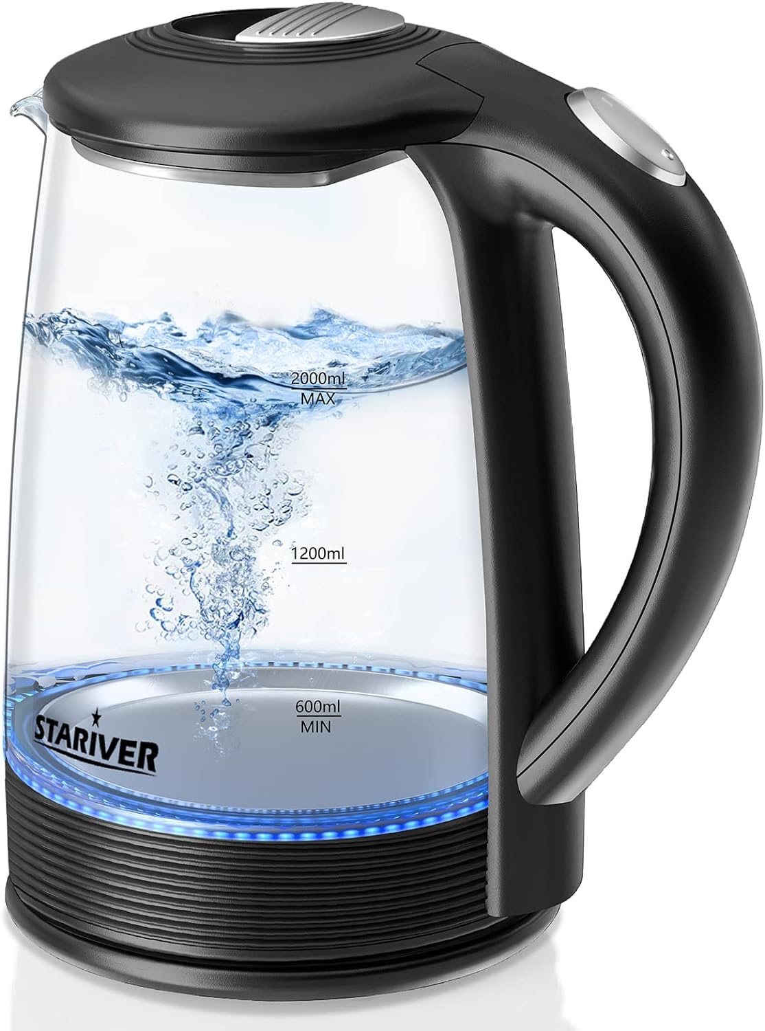 Stariver Electric Kettle, 2L Electric Tea Kettle, BPA-Free Glass Kettle with LED, Hot Water Kettle with Fast Boil, Auto Shut-Off & Boil-Dry Protection, Stainless Steel Inner Lid & Bottom, Black