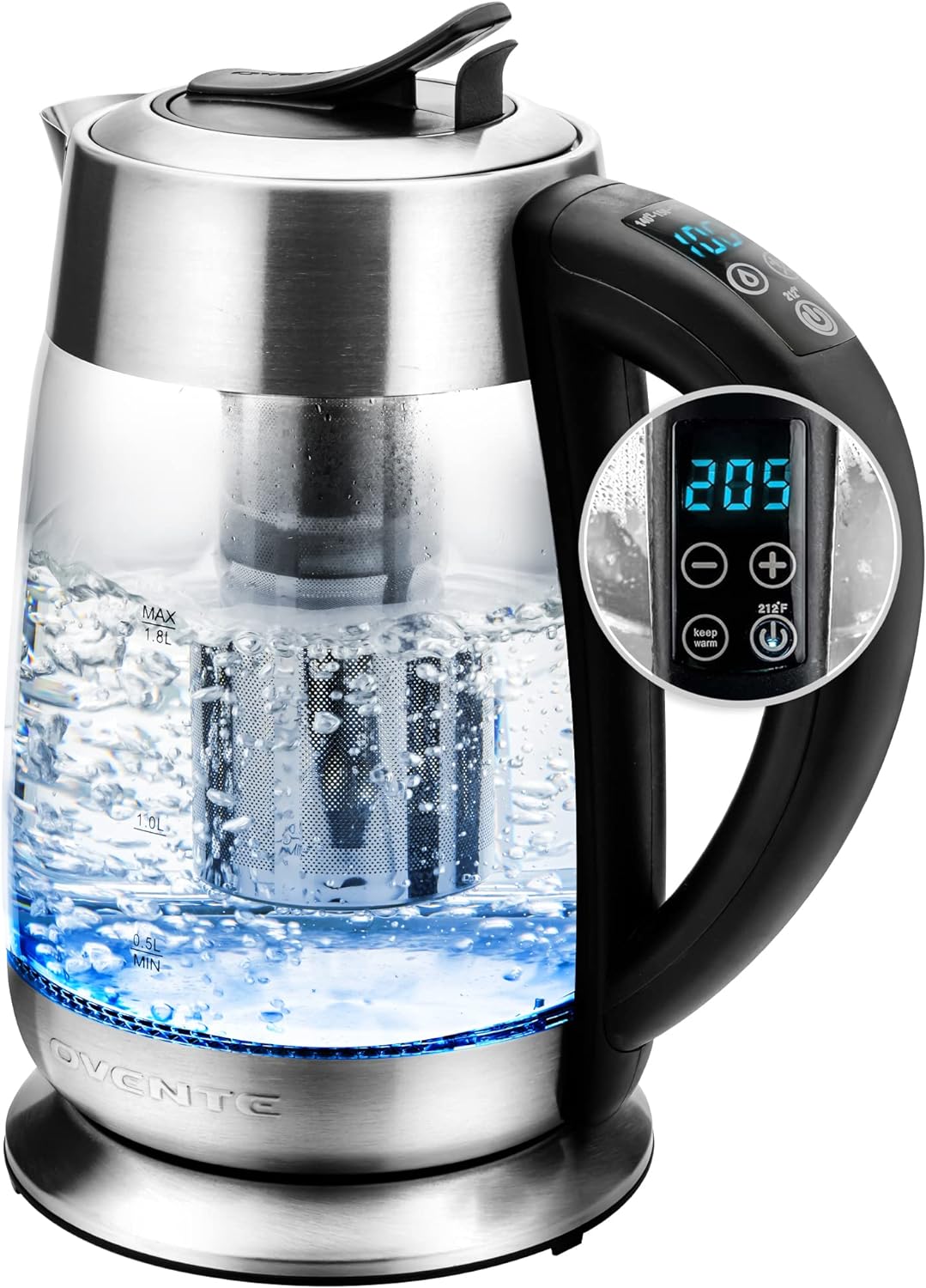 OVENTE Electric Glass Kettle Hot Water Boiler 1.8 Liter BPA Free - 1500W w/Stainless Steel Infuser, Set Temperature Control, Auto Shut Off, Portable Fast Instant Heater for Coffee & Tea - KG661S