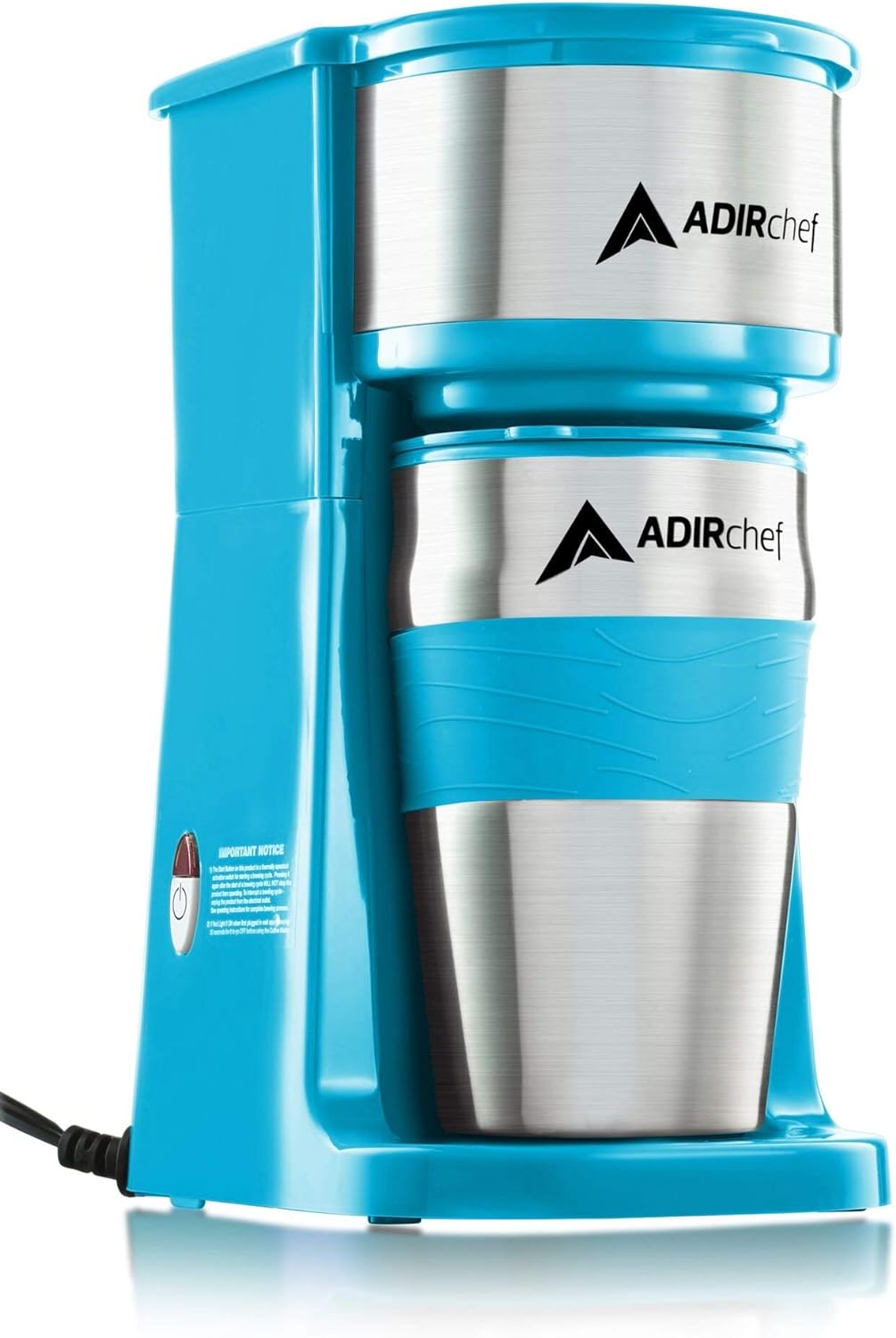 AdirChef Mini Coffee Maker - Single Serve Coffee Maker, 15 oz. Travel Coffee Mug Coffee Tumbler & Reusable Coffee Filters - Ideal for Home, Office, Outdoor & More - Blue