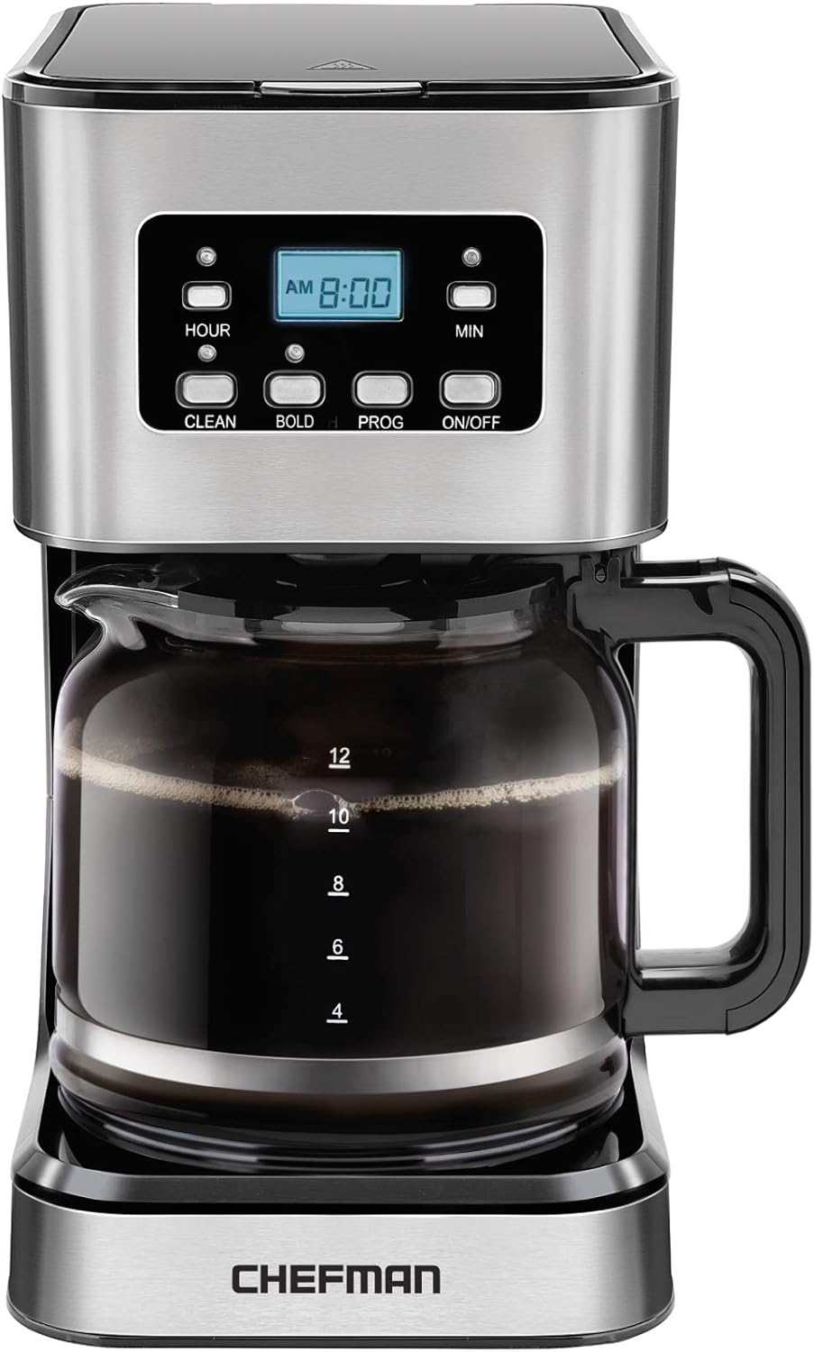 Chefman 12-Cup Programmable Coffee Maker, Electric Brewer, Auto Shut Off, Digital Display w/Auto-Brew Function, Anti-Drip Pot, Reusable Filter for Fresh Grounds, Square Stainless Steel, Glass Carafe