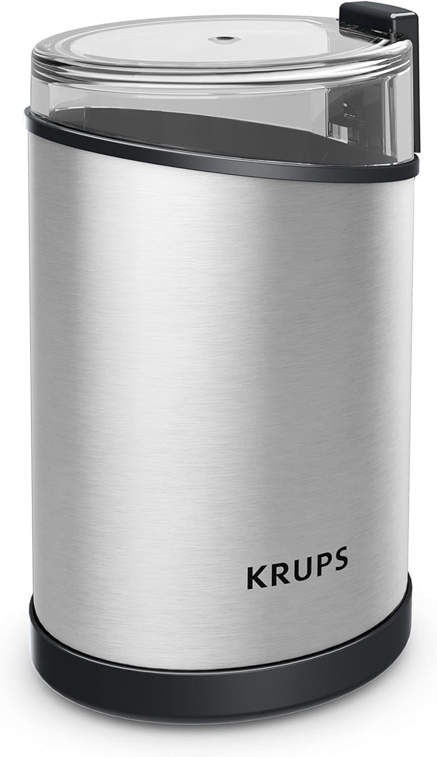 Krups Fast-Touch Stainless Steel Coffee and Spice Grinder 3oz, 85 gr bean hopper Easy to Use, One Touch Operation 200 Watts Coffee, Espresso, French Press, Spices, Dry Herbs, Nuts, 12 cups Silver