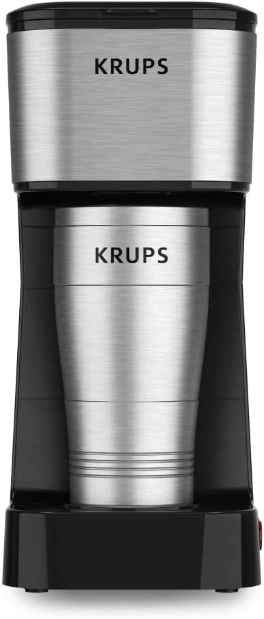 Krups Simply Brew Stainless Steel Single Serve Drip Coffee Maker and Travel Tumbler 14 Ounce Stainless Steel Tumbler Included 650 Watts Coffee Filter, Compact Silver and Black