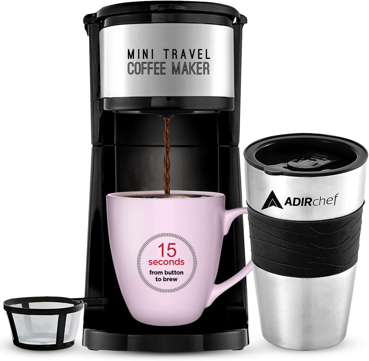 AdirChef Mini Travel Single Serve Coffee Maker & 15 oz. Travel Mug Coffee Tumbler & Reusable Filter for Home, Office, Camping, Portable Small and Compact for Fathers Day (Black)