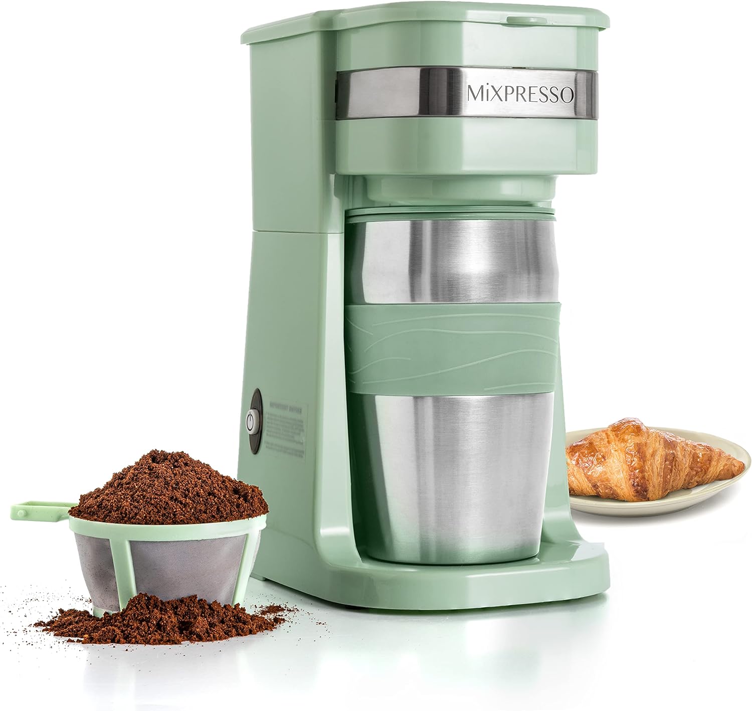 Mixpresso 2-In-1 Single Cup Coffee Maker & 14oz Travel Mug, Portable & Lightweight Personal Drip Coffee Brewer & Tumbler Advanced Auto Shut Off Function & Reusable Filter, Green Coffee Maker