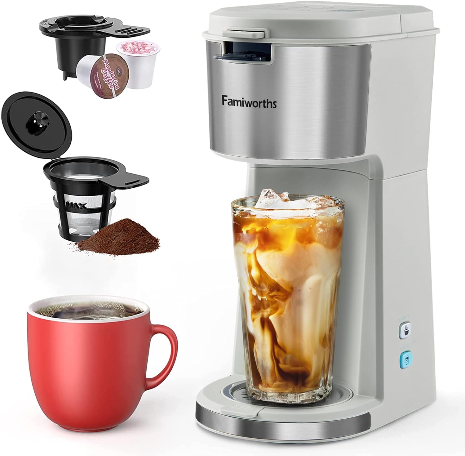 Famiworths Iced Coffee Maker, Hot and Cold Coffee Maker Single Serve for K Cup and Ground, with Descaling Reminder and Self Cleaning, Iced Coffee Machine for Home, Office and RV, Light Gray