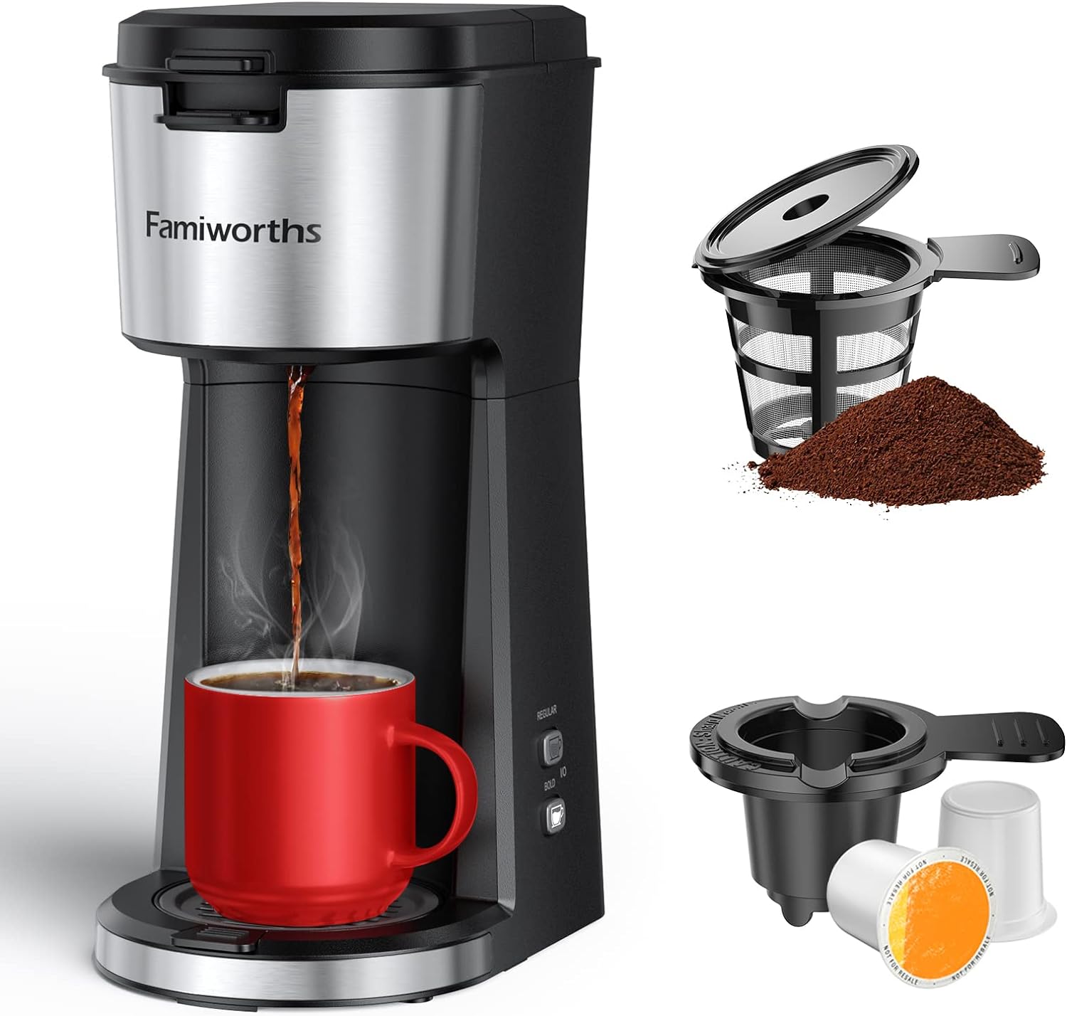 Famiworths Single Serve Coffee Maker for K Cup & Ground Coffee, With Bold Brew, One Cup Coffee Maker, 6 to 14 oz. Brew Sizes, Fits Travel Mug, Classic Black