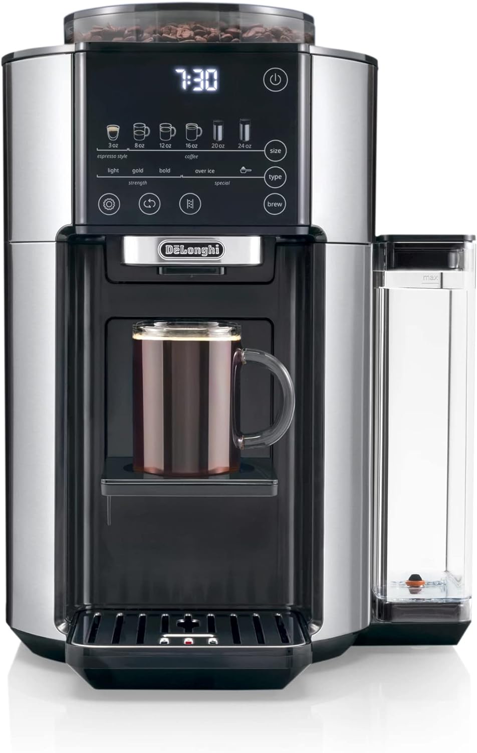 De'Longhi TrueBrew Drip Coffee Maker, Built in Grinder, Single Serve, 8 oz to 24 oz, Hot or Iced Coffee, Stainless, CAM51025MB, 15D x 13.7W x 15.8H