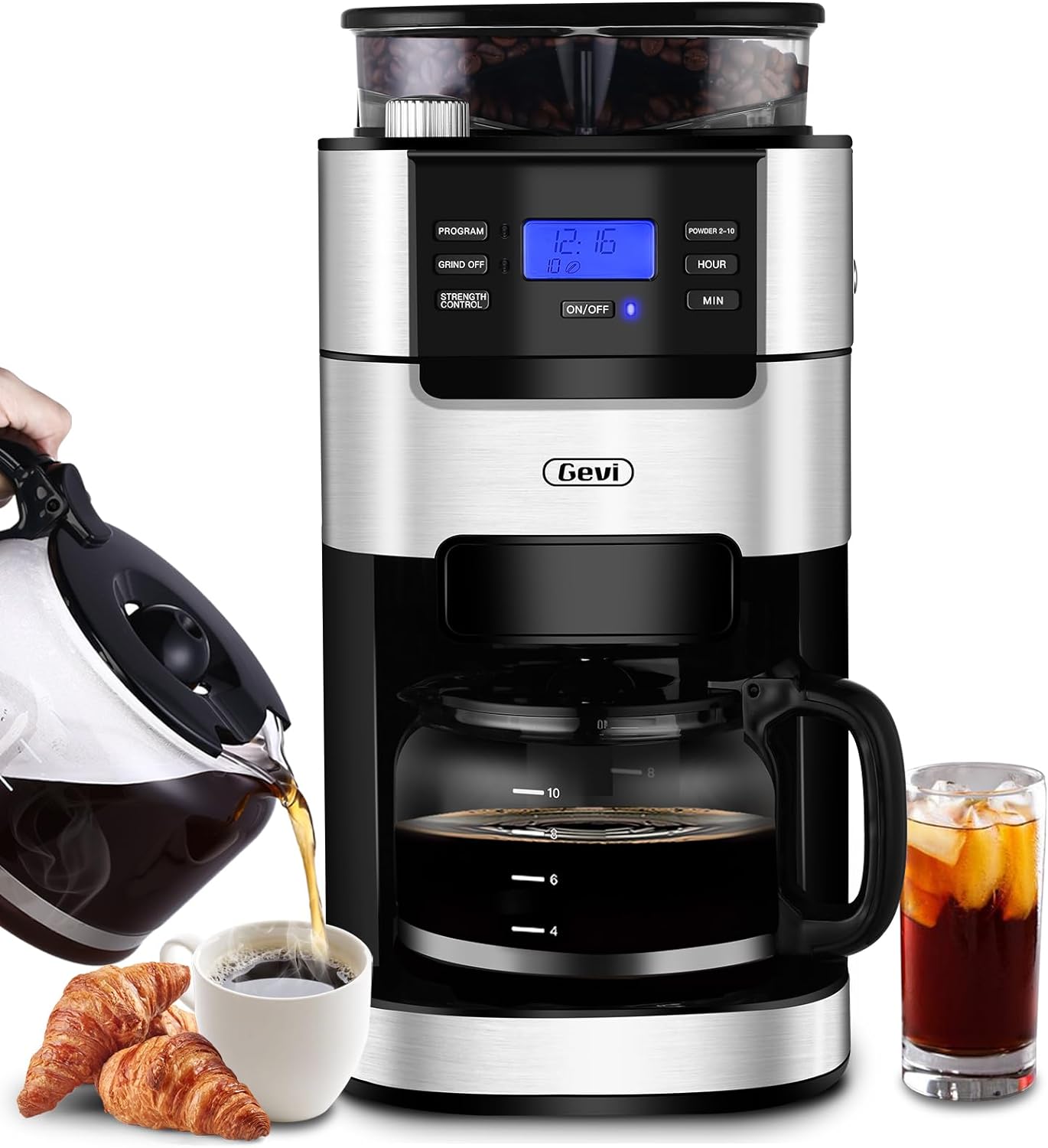 10-Cup Drip Coffee Maker, Grind and Brew Automatic Coffee Machine with Built-In Burr Coffee Grinder, Programmable Timer Mode and Keep Warm Plate, 1.5L Large Capacity Water Tank Coffee Serving Sets