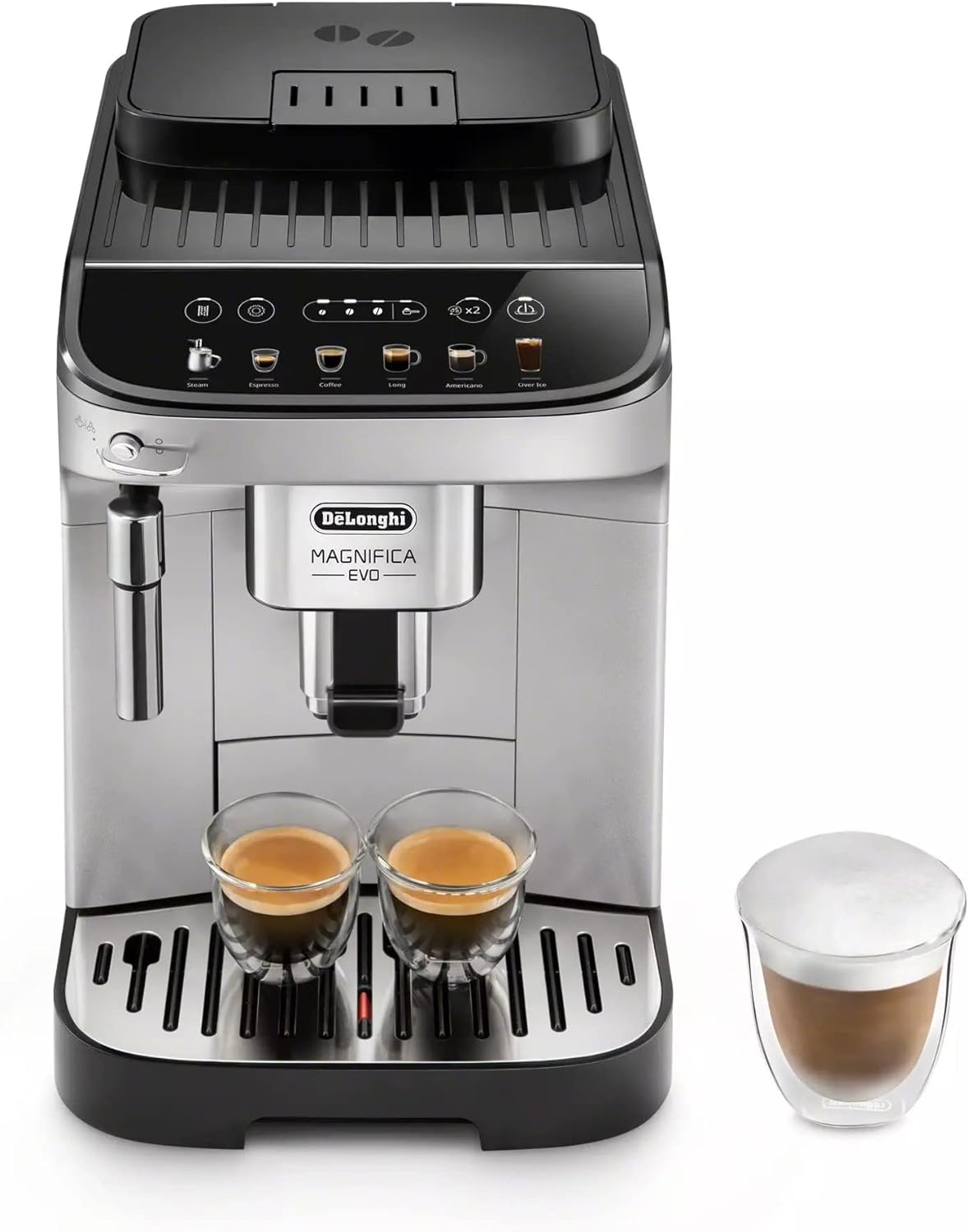 De'Longhi Magnifica Evo, Fully Automatic Machine Bean to Cup Espresso Cappuccino and Iced Coffee Maker, Colored Touch Display, Black, Silver