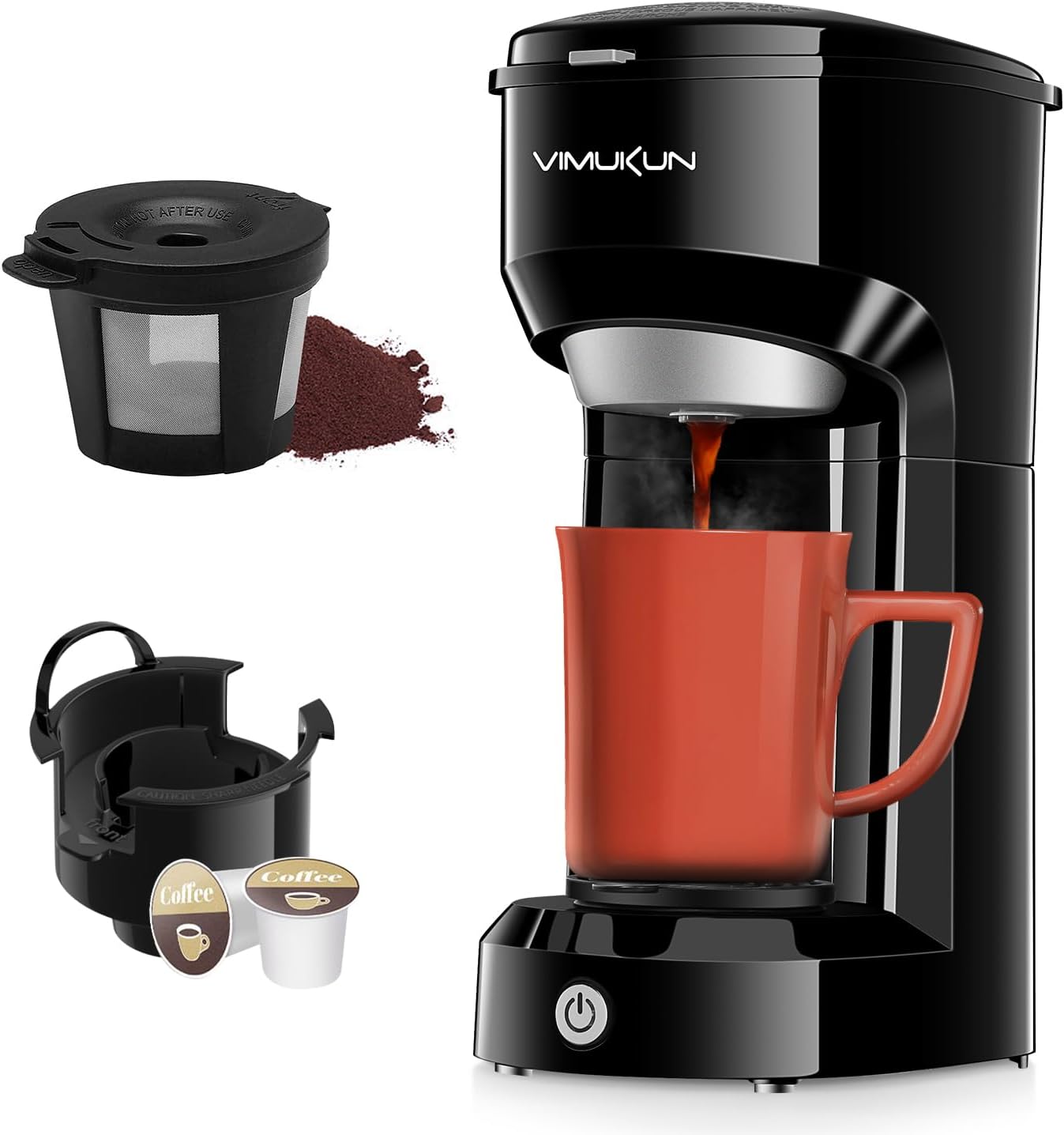 Vimukun Single Serve Coffee Maker, Instant Coffee Maker One Cup Compatible with K-Cup Pods & Ground Coffee, Single Cup Coffee Machine with 6 to 14oz Reservoir, Auto Shut-off, Small Size(Black)