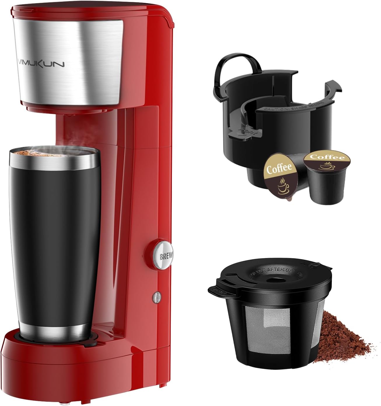 Vimukun Single Serve Coffee Maker Compatible with K-Cup Pods and Coffee Grounds, Travel Mug Friendly Single Cup Coffee Maker, 6 to 14oz Reservoir, Tall Size KCM010A (Red)